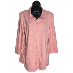 J Jill Top Womens Large Shirt Pink Cotton 3/4 Sleeve Roll Tab Button Up Coastal